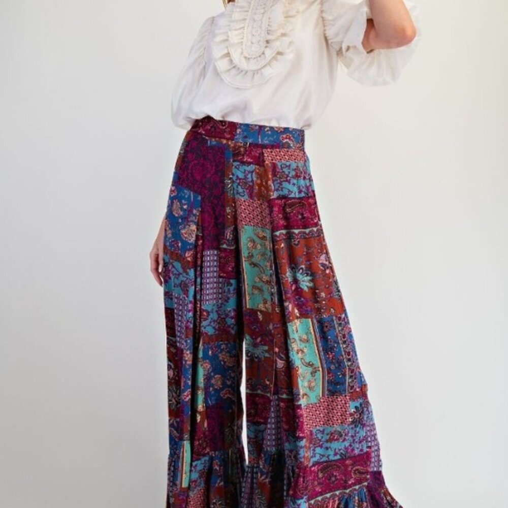 Easel Sage patchwork ruffle hem Pallazo PLUS SIZE Pants in plum & green 1X NWT - Picture 5 of 7